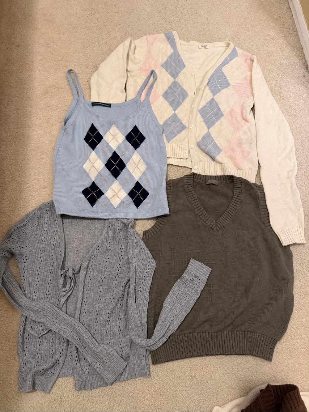 Brandy Melville Argyle Knit Tank and Cardigan Set — Light Blue & Cream Sweaters
